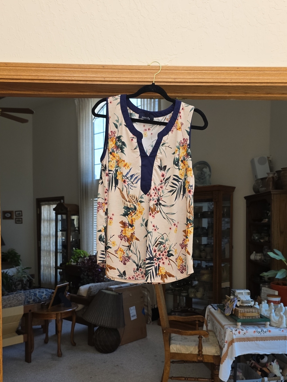 Cream Floral Sleeveless V-Neck Top with Navy Trim